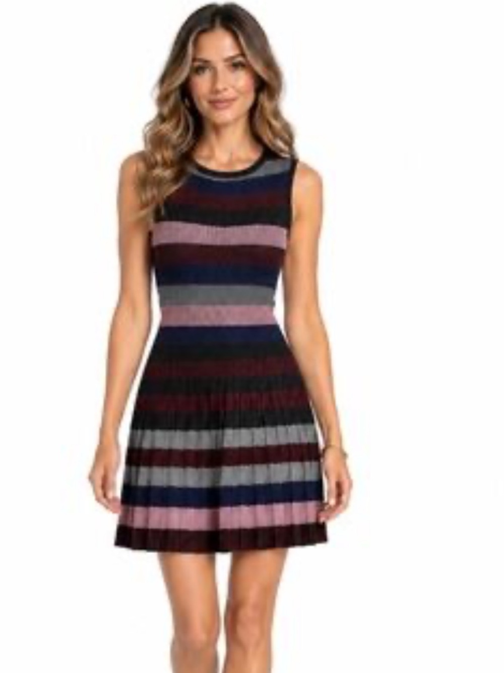 Parker Sleeveless Striped Knit Dress in Navy, Burgundy, Pink and Gray